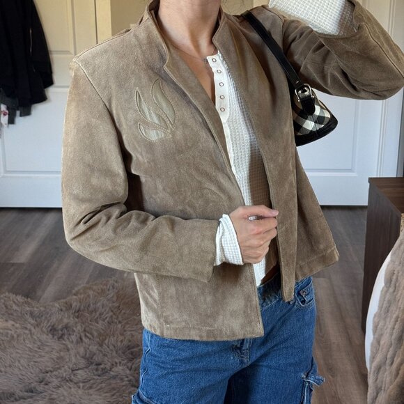 Vintage Suede Leather Jacket Open Front Western Tan Distressed Sz 12 Argentina - Picture 2 of 12